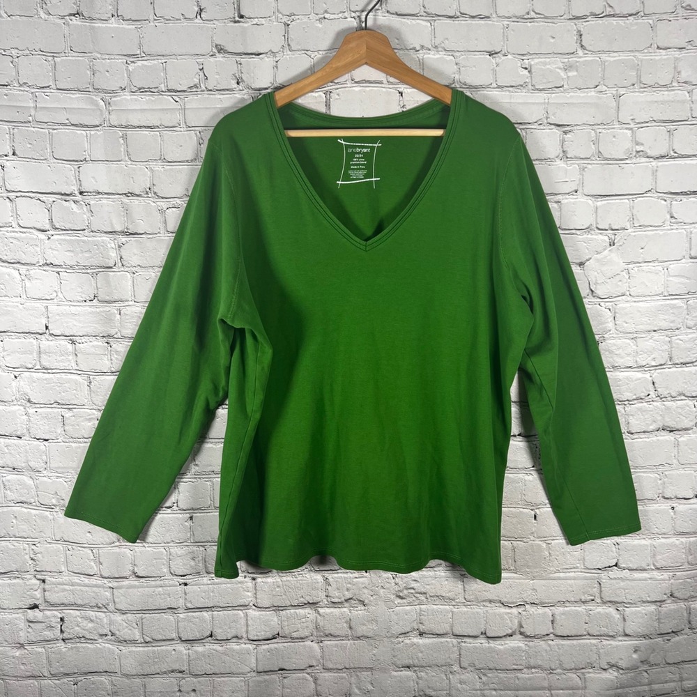 Lane Bryant Womens 22/24 Green Pima Cotton V-Neck Long Sleeve T-Shirt Top